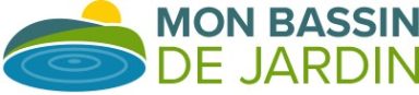 Logo de "Mon Bassin de Jardin" avec un bassin, des éléments naturels et un soleil.